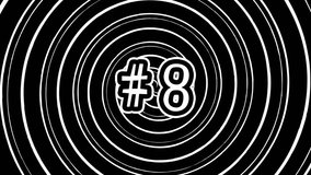 Number 8 title screen with spinning ink spiral in black and white with a handdrawn font and twirling rotating ink swirl in seamless repetition in a CGI high definition background motion video clip