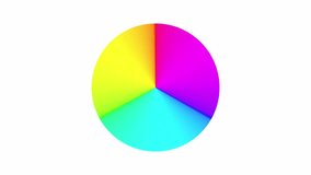 Spinning tricolor wheel in three colors with teal yellow and pink rotating color triad icon in a seamless repeating loop colorful multicolor CGI high definition motion video clip