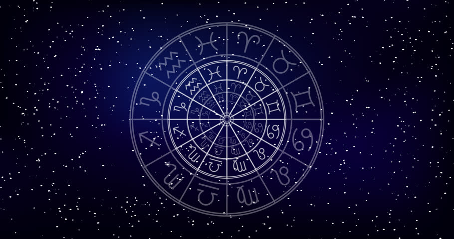 Astrology horoscope circle with zodiac signs vector background. Cosmos, space. Aquarius, libra, leo, taurus, cancer, pisces, virgo, capricorn, sagittarius, aries, gemini, scorpio. purple violet trendy | Shutterstock HD Video #1015612432