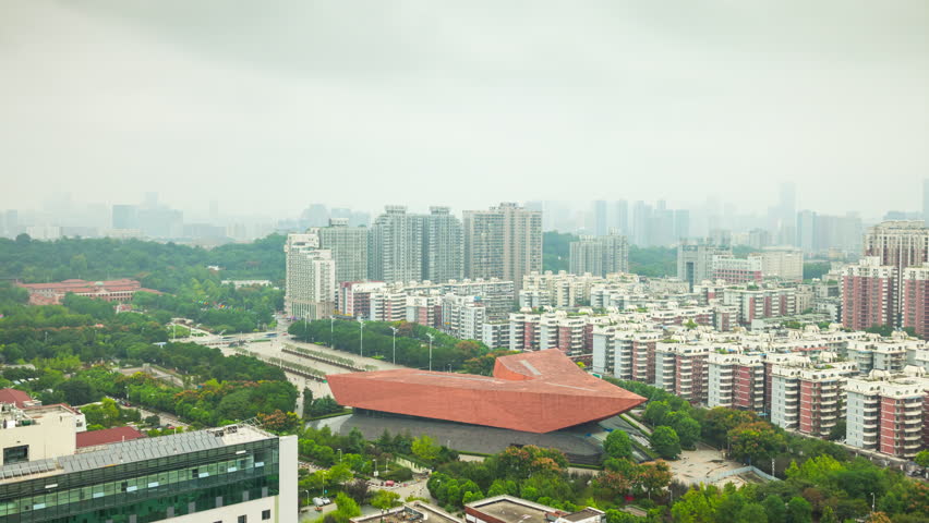 WUHAN, CHINA - SEPTEMBER 28 2017: foggy day wuhan city museum of revolution rooftop panorama 4k timelapse circa september 28 2017 wuhan, china.