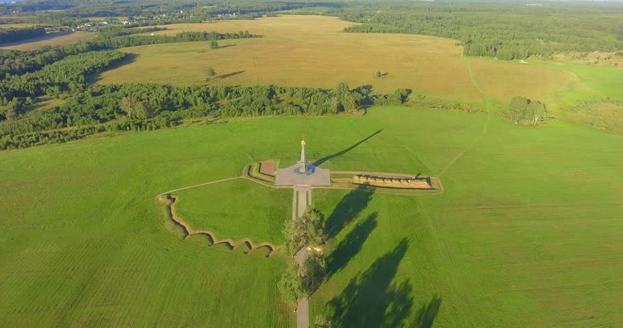 Borodino area and the main monument to Russian soldiers - heroes of the Borodino battle, Borodino, Russia. Aerial, Ultra HD 4K Video