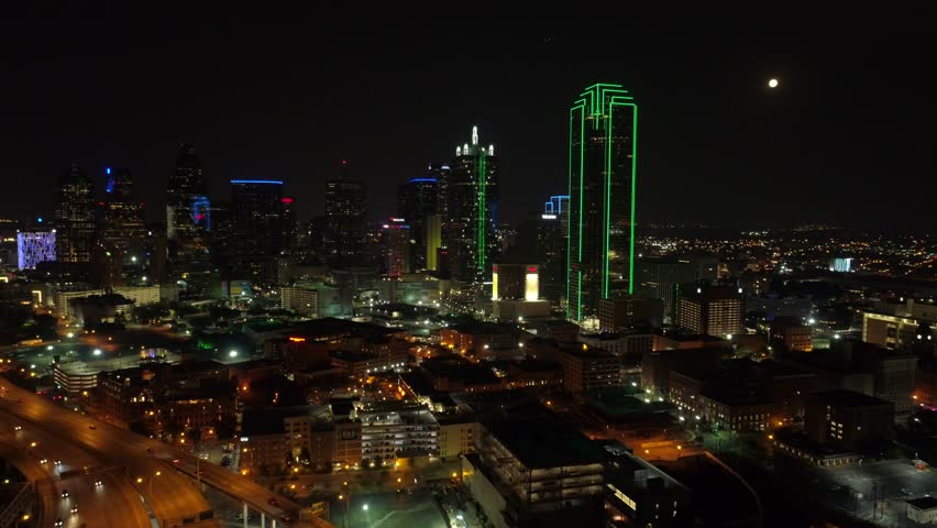 Aerial night establishing shot Dallas Texas