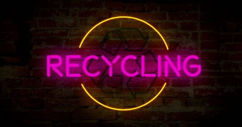 Recycling neon symbol animation. 3D flight over electric lettering on wall background. Ecology and environmental protection.
