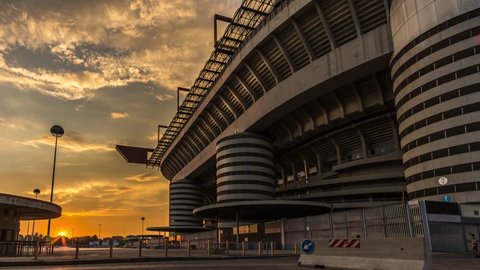 MILANO,ITALY - AUGUST 20, 2018: time lapse San siro stadium,know as Giuseppe Meazza , home ground of A.C. Milan and Inter F.C. football club, Milano, epic sunset for champions
