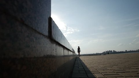Beautiful young slender girl rides a skateboard along the wall on a summer evening วิดีโอสต็อก