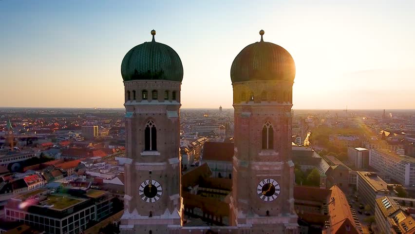 Aerial view of Munich City Germany at sunrise, Cathedral Church of Our Lady (Frauenkirche) in munich old town Marienplatz. Beautiful Munchen Skyline aerial view at morning. Munich skyline panoramic.