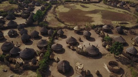 Aerial shot of traditional African rural tribe village, East Africa