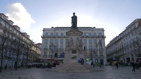Lisbon, Portugal - May, 2017: Luis de Camoes statue in Camoes square, Lisbon.