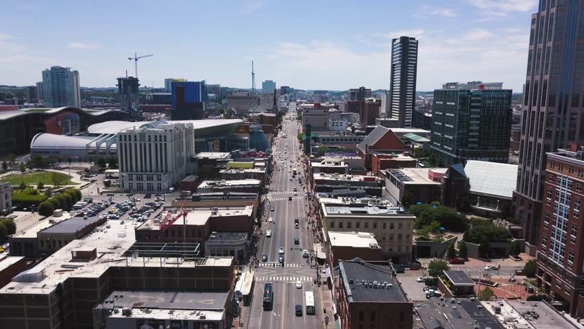 Aerial view of Downtown Nashville and Broadway Street.