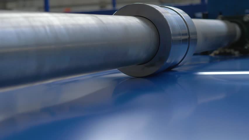 Rolling metal in the machine to create a metal roof.Rolled metal products. Shooting at the factory for the production of metal roofs for the building.