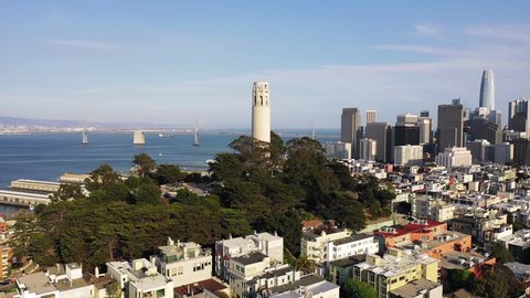 San Francisco Coit Tower Aerial View With City Skyline In Background