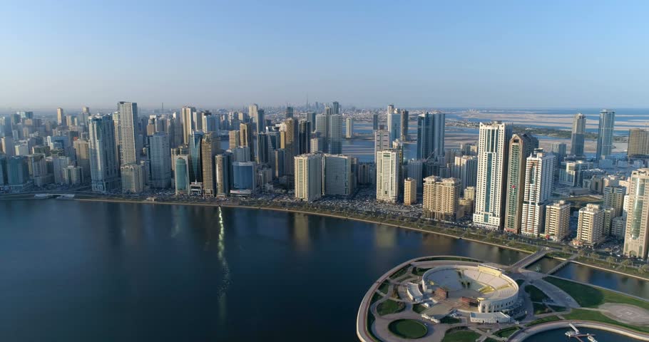 Panorama of the city from a bird's-eye view. Sharjah. Royalty-Free Stock Footage #1015680697