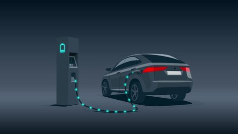 Electric car charging at charger station during night low demand off-peak electricity. Objects and shadows as separate alpha channel on white chroma key background ease to replace. Cartoon animation.