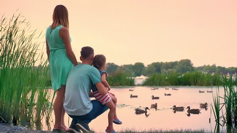 Silhouette of young family is walking in summer, sunset, watching ducks on lake, nature concept, relax concept