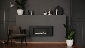 Video of dark grey living room interior with fresh plants, decor, retro armchair and eco fireplace