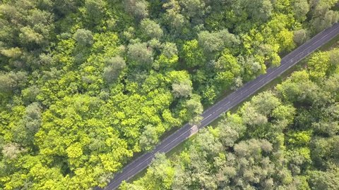 Aerial view of a traffic jam on a road crossing a forest o a sunny day.