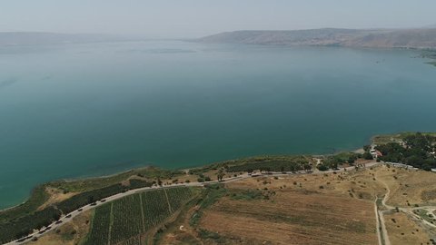 Mount of Beatitudes , Israel - September, 2017: Aerial view of the Sea of Galilee and Mount of Beatitudes