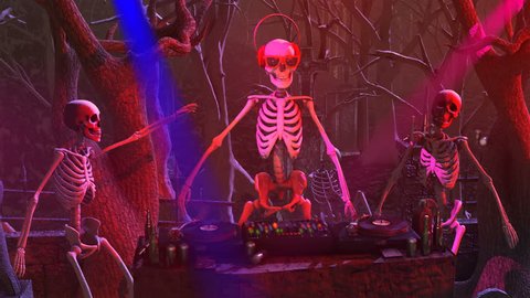 Seamless animation of a DJ skeleton and skeletons dancers in a cemetery at night. Funny halloween background. Stock Video