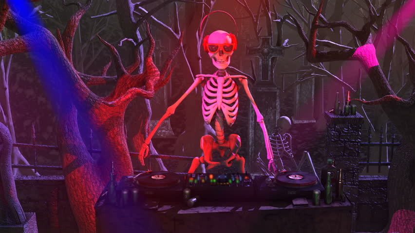 Seamless animation of a skeleton dijing with turntables in a cemetery at night. Funny halloween background. Royalty-Free Stock Footage #1015708753