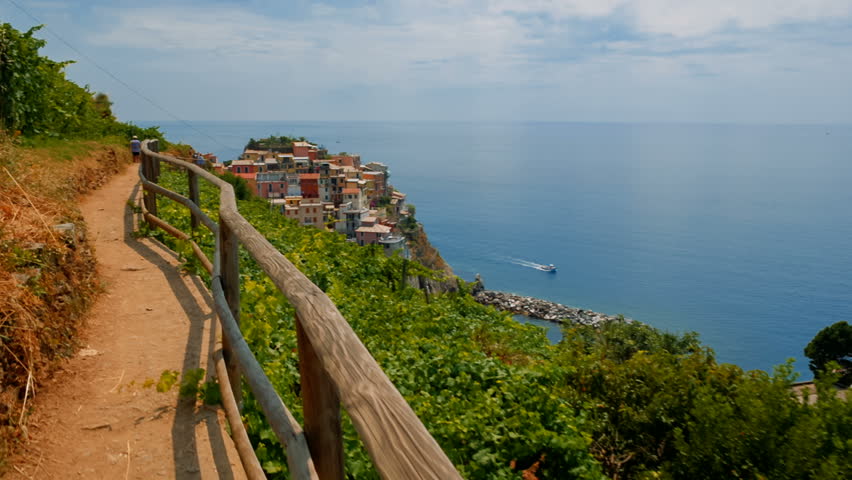 POV walk towards the village of Manarola in Cinque Terre, Liguria, Italy, a UNESCO World Heritage Site, famous for its coastline, five villages and surrounding hillsides Royalty-Free Stock Footage #1015710562