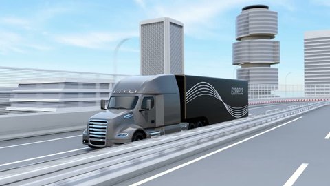 Fleet of American Trucks, cargo drones and flying car. Logistics and transportation concept. 3D rendering animation.