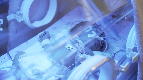Cheboksary, Chuvash Republic / Russia - August 23, 2018: premature baby in an incubator