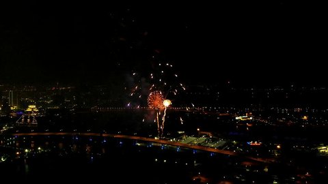 Miami, FL / United States - 07 15 2018: 4th of July Fireworks from a Drone point of view.