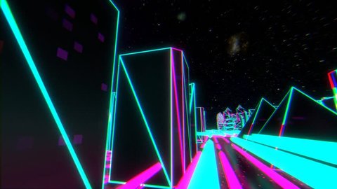 80s style cyber neon city 3d animation