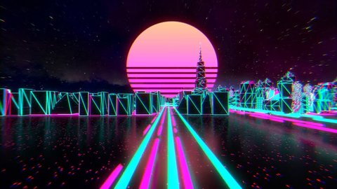 80s style cyber neon city 3d animation