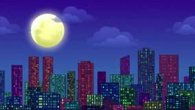 Fullhd 1920x1080 Progressive Seamlessly Looping Video of Night City Megalopolis, Urban Landscape with Skyscrapers Under Starry Sky with Slow-moving Clouds and Great Bright Moon. Animated Background