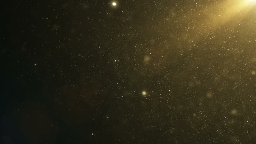 Beautiful Gold Floating Dust Particles with Flare on Black Background in Slow Motion. Looped 3d Animation of Dynamic Wind Particles In The Air With Bokeh. 4k Ultra HD 3840x2160.