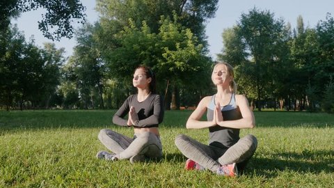 Two beautiful girls doing yoga outdoors