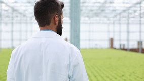 Agricultural engineer analysing plants in greenhouse. Agronomist in greenhouse wearing white coat working ot tablet computer