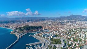 Aerial view of Nice France promenade, Mediterranean Sea and airport view . City panorame. Drone 4K video