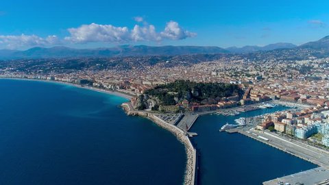 4K Aerial hyperlapse of Nice France promenade, Mediterranean Sea and airport view. France city timelapse panorame.