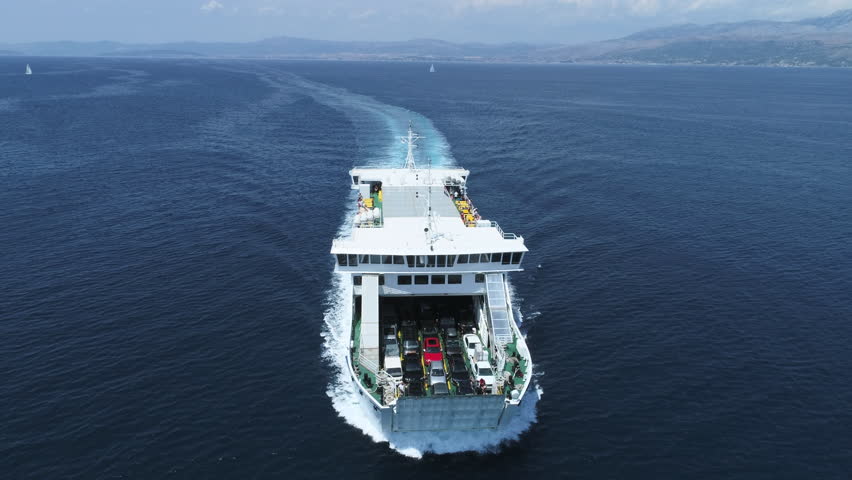 Aerial shot of ferry boat cruising at sea. Split to Brac Island - July 2018: Adriatic sea, Croatia