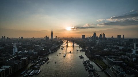Establishing Aerial View of Tower Bridge, Shard, London Skyline, London, United Kingdom
