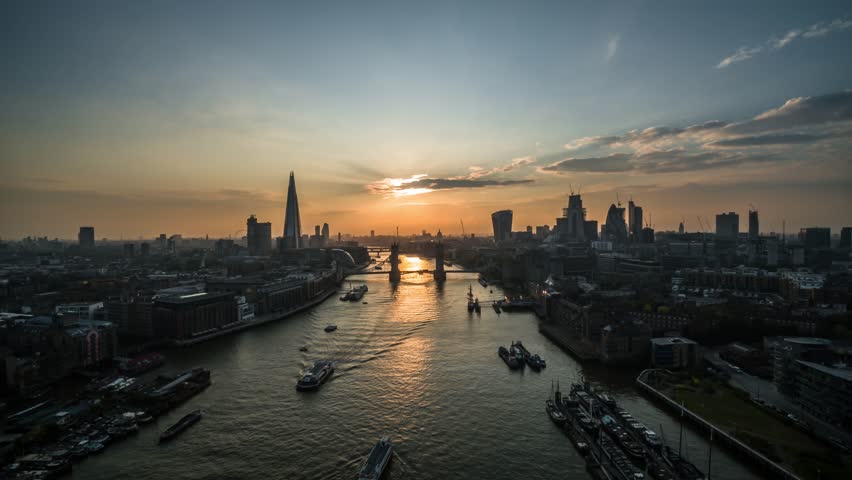 Establishing Aerial View of Tower Bridge, Shard, London Skyline, London, United Kingdom Royalty-Free Stock Footage #1015781455