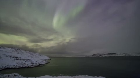 Northern Lights on the Kola Peninsula. Teriberka, Murmansk region, Russia. Full HD.