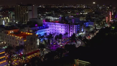 MIAMI BEACH, FL, USA - AUGUST 31, 2018: Aerial night footage of the Clevelander hotel night club on Ocean Drive