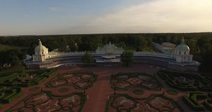4K afternoon aerial video of beautiful vintage architecture of Grand Menshikov's Palace in Oranienbaum (Lomonosov) and green park near Peterhof center, in the suburbs of Saint Petersburg, Russia