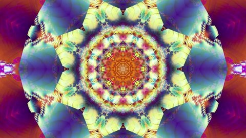 Golden kaleidoscope sequence patterns. Abstract multicolored motion graphics background. Or for yoga, clubs, shows, mandala, fractal animation. Seamless loop.
