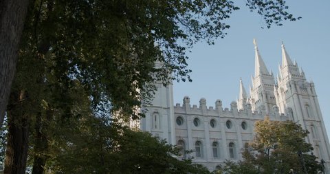 Panning shot of Salt Lake City Mormon Temple. Church of Jesus Christ of Latter-Day Saints in Salt Lake City, Utah. LDS Church created by Joseph Smith.