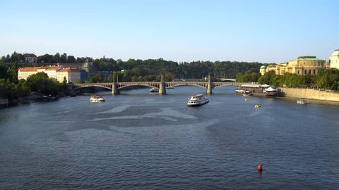 Prague, Czech Republic - 21.08.2018: View Of The Vltava River In summer Day. Tour Boats And Sightseeing Ships Floating In Vltava River