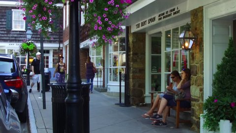 Princeton, NJ / United States - August 12, 2018.  Video scenes of the iconic Bent Spoon Ice Creamery and other small restaurants and shops in downtown Princeton.  