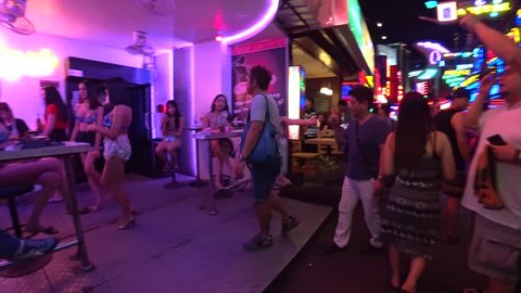 BANGKOK,  THAILAND - CIRCA AUGUST 2018 : View of walking SOI COWBOY street near Asok train station.  This street is famous for night spot.
