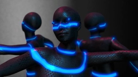 Cyborg woman dance group performs ballet dance in futuristic metallic neon costumes, 3D Rendering Animation.