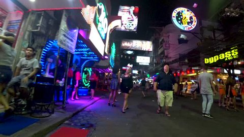 PATTAYA,  THAILAND - CIRCA AUGUST 2018 : View of walking at “WALKING STREET” in Pattaya.  This street is famous for night spot.