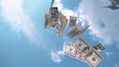 SLOW MOTION, CLOSE UP: $ Money falling from the sky. Hundred dollar bills falling down from blue skies. Successful business bringing piles of money. Profitable job and big salary. Winning the lottery