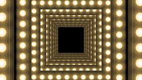 Tunnel Incandescent light bulb box frame square shape swirl rotate moving pattern, retro 3D virtual style illustration glow in dark background seamless looping animation 4K, with copy space